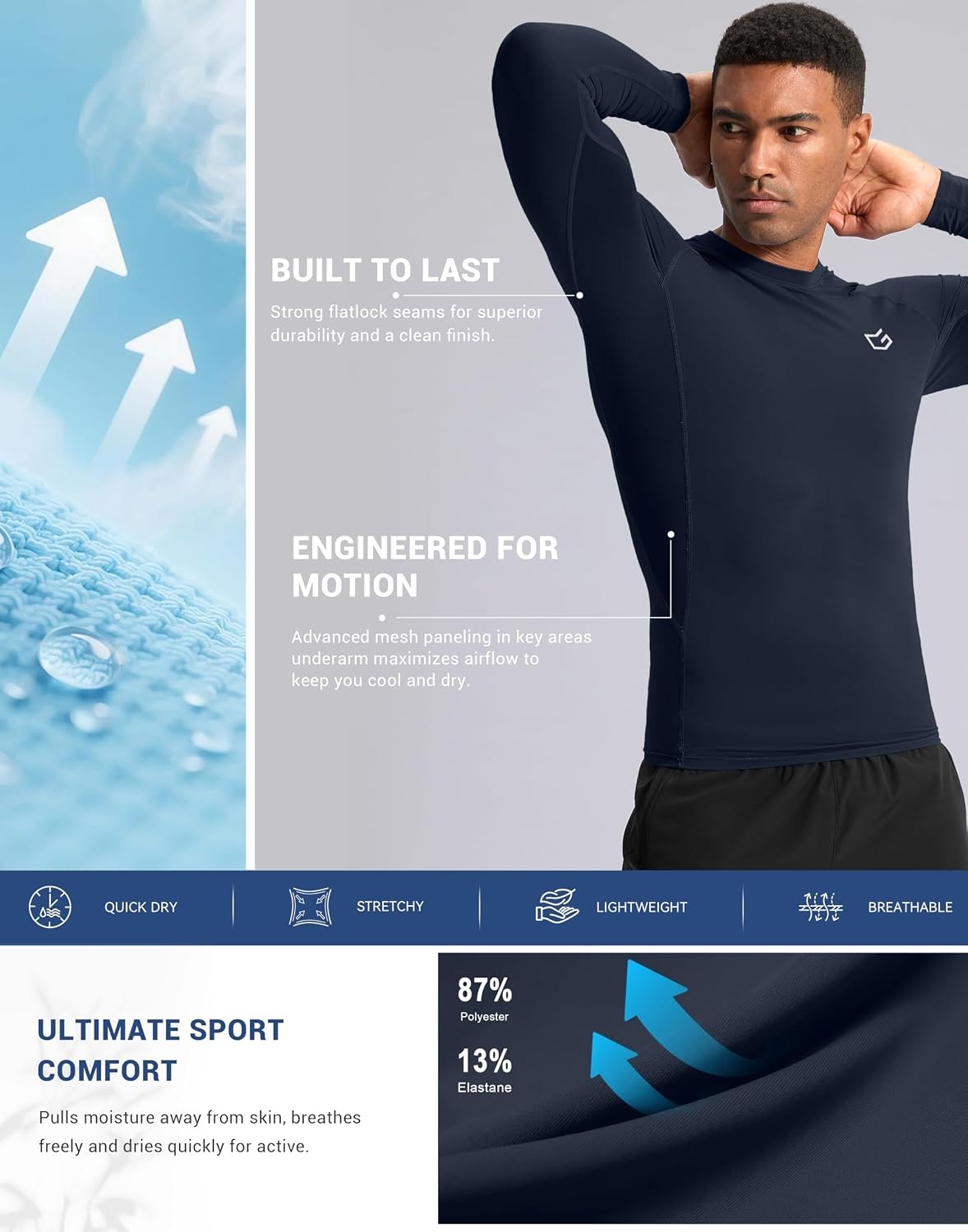 image:imageG Gradual Mens Compression Shirt Long Sleeve Moisture Wicking Running TopsNavy