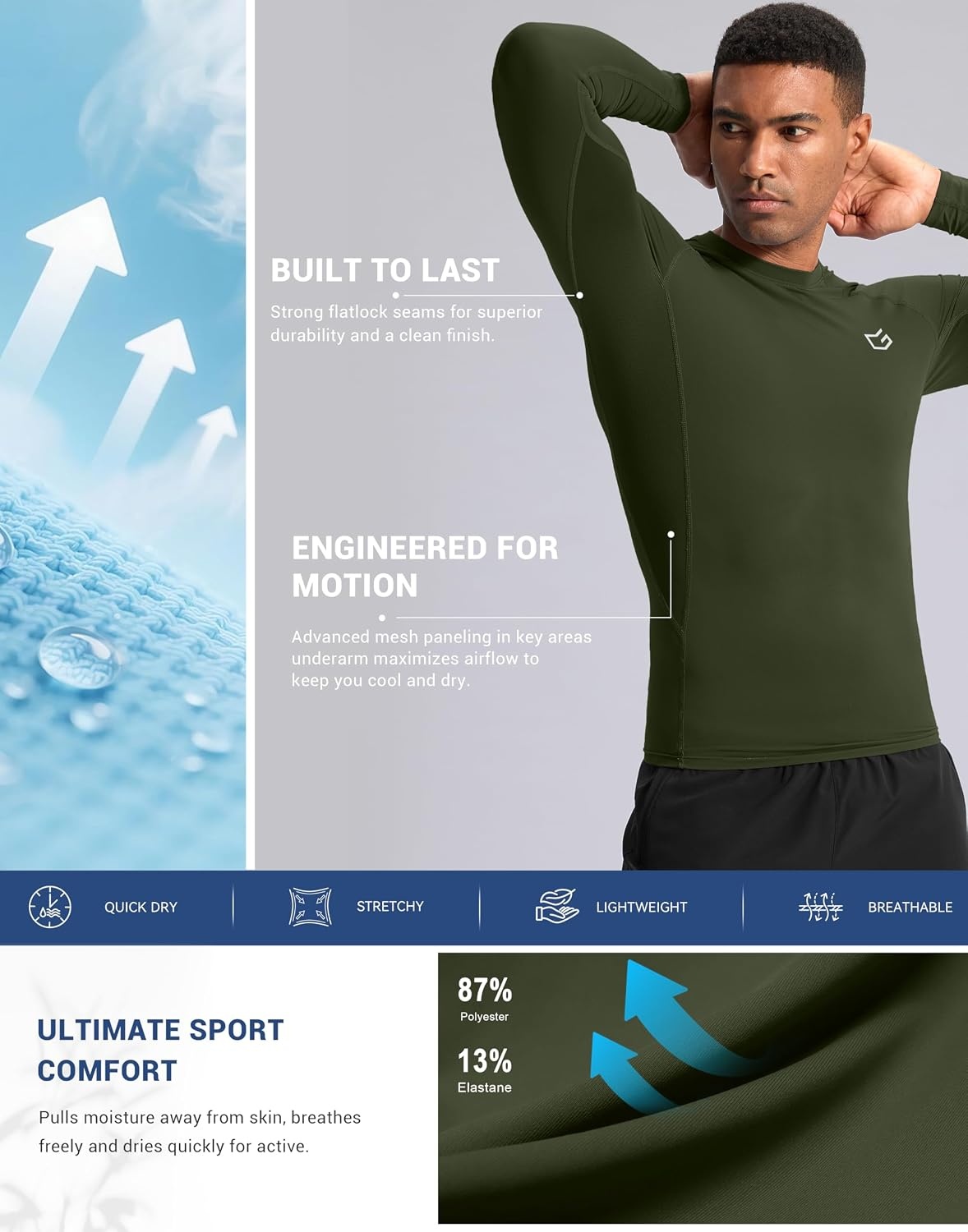 image:imageG Gradual Mens Compression Shirt Long Sleeve Moisture Wicking Running TopsOlive