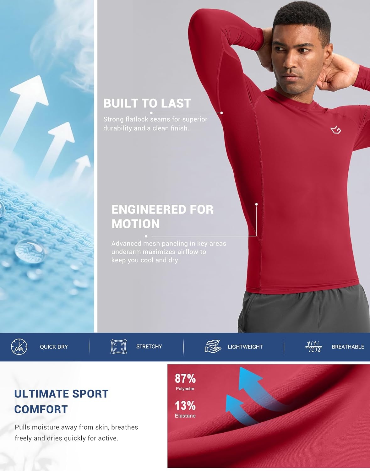 image:imageG Gradual Mens Compression Shirt Long Sleeve Moisture Wicking Running TopsRed