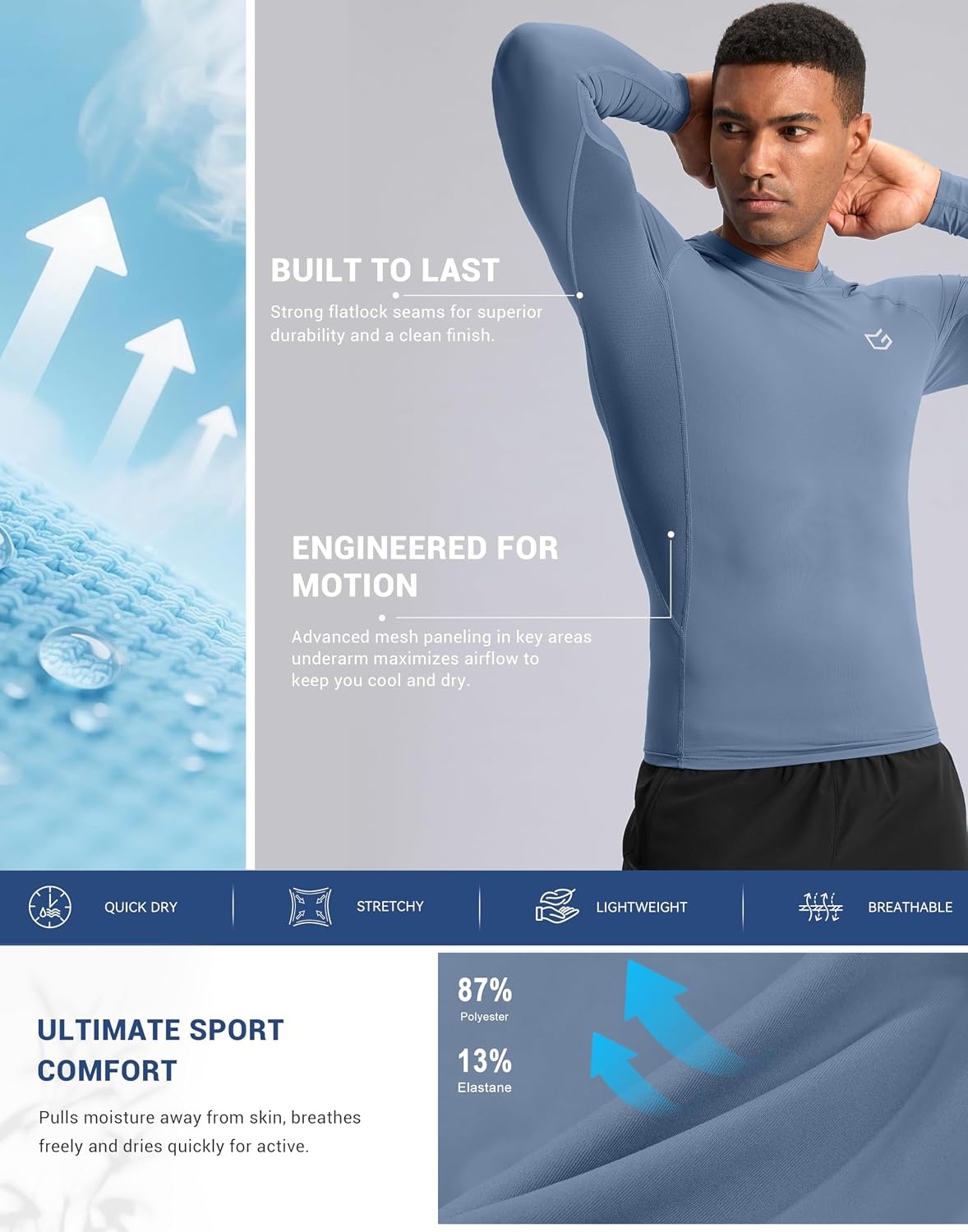 image:imageG Gradual Mens Compression Shirt Long Sleeve Moisture Wicking Running TopsSlate Blue