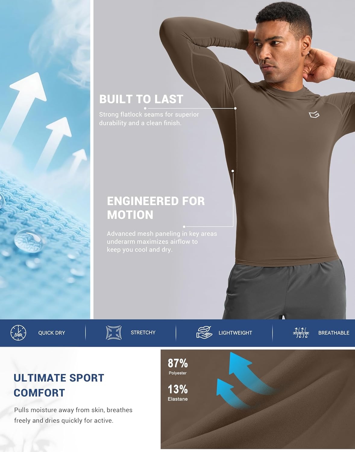 image:imageG Gradual Mens Compression Shirt Long Sleeve Moisture Wicking Running TopsTaupe