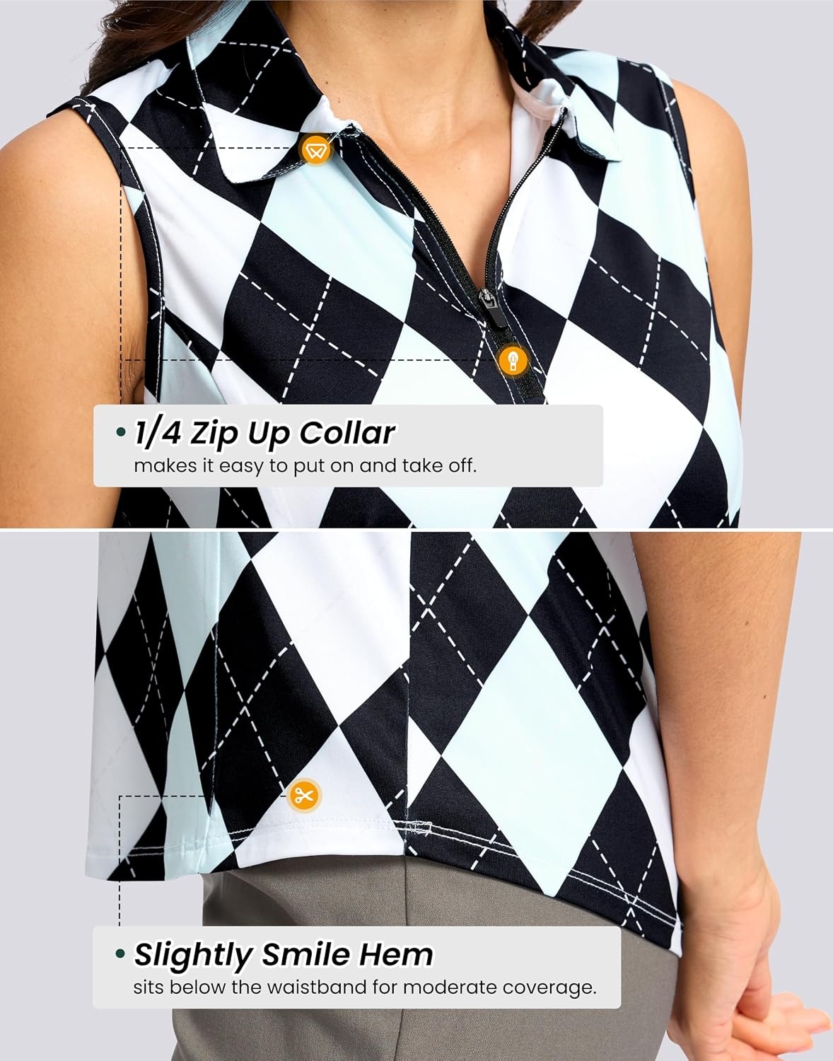 image:imageG Gradual Womens Golf Shirts Lightweight 14 Zip Collared Tank TopGrey Argyle