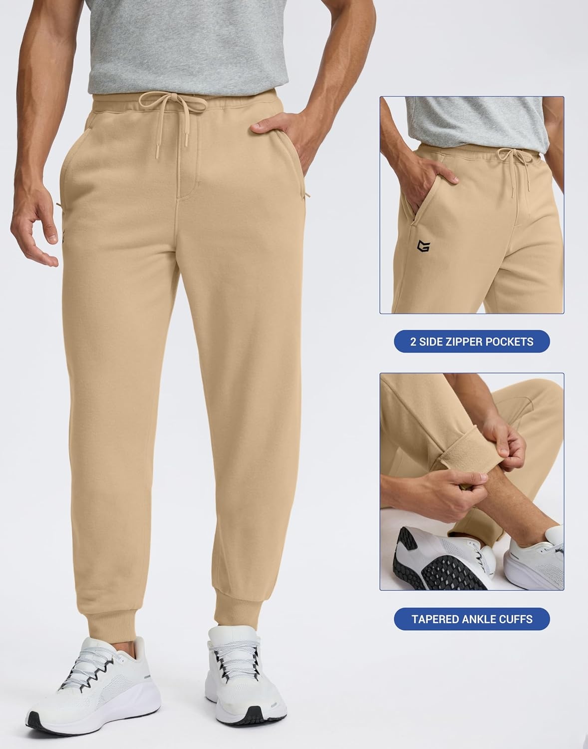image:imageG Gradual Mens Fleece Lined Cotton Joggers with Zipper Pockets Warm PantsKhaki