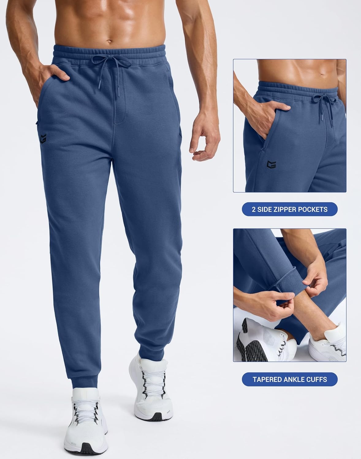 image:imageG Gradual Mens Fleece Lined Cotton Joggers with Zipper Pockets Warm PantsPeacock Blue
