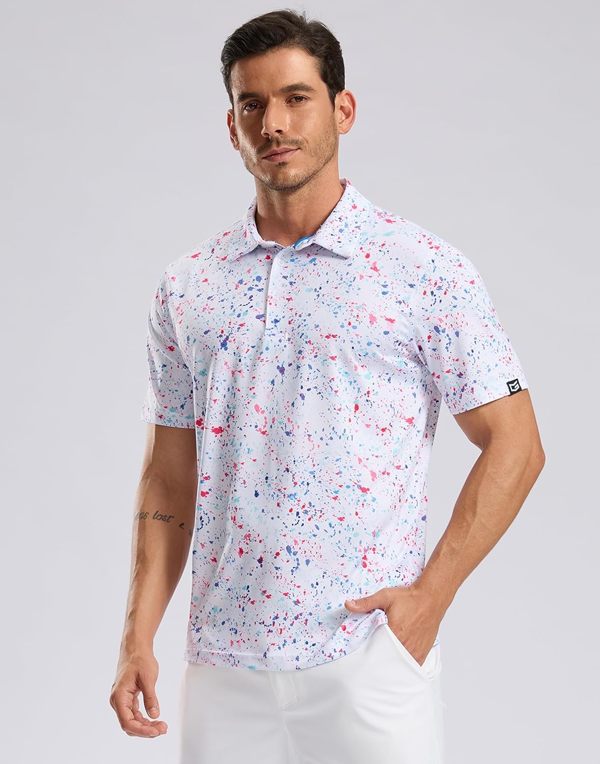 image:imageG Gradual Mens Golf Shirt Short Sleeve Print Polo Shirts for MenWhite Colored Dots